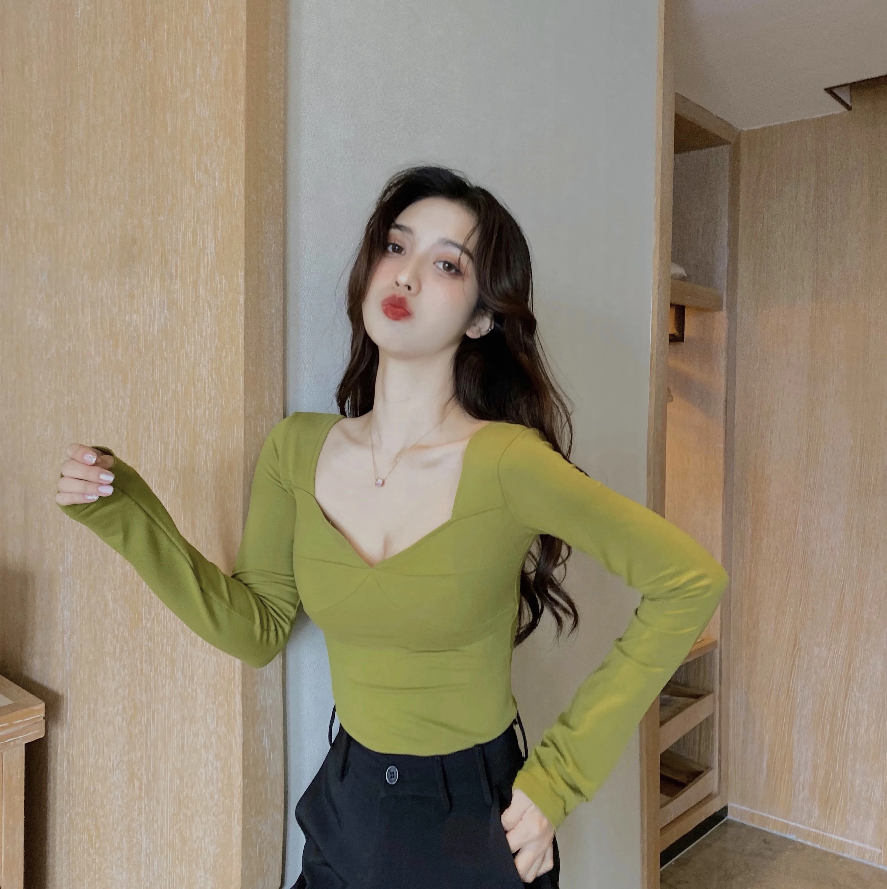 Сексуальная однотонная женская футболка s basic camisa feminina, топы с длинным рукавом, зеленые корейские тонкие футболки с длинным рукавом, Весенняя Осенняя женская футболка