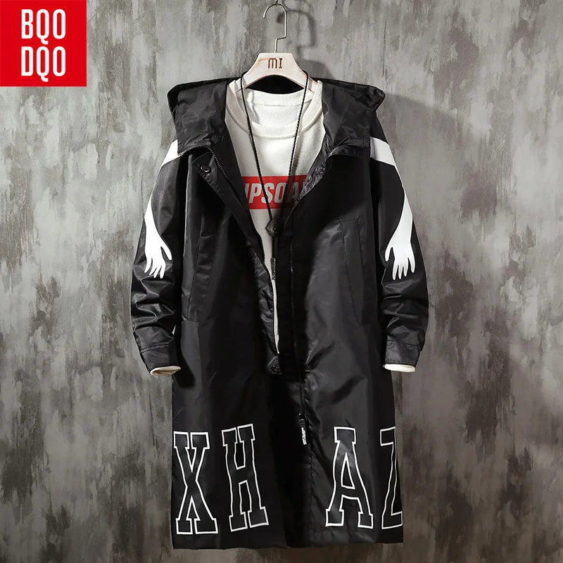 

BQODQO Autumn Hooded Windbreaker For Men's Clothing Casual Black Fashion Social Trench Mens Stylish Streetwear Long Jackets Coat