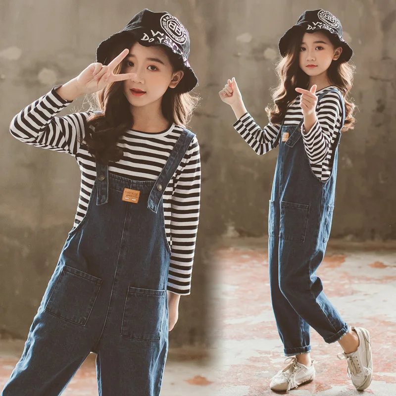

Girls Spring And Autumn Cowboy Suspender Pants Set 2020 New Style Big Boy Korean-style Stripes Leisure T-shirt Pants Two-Piece S