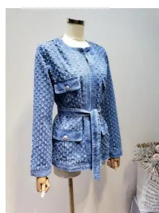 blue Женское пальто с вырезами, Бандажное джинсовое пальто с длинным рукавом, куртки, женские модные джинсовые куртки с круглым вырезом, новинка - Цвет: blue