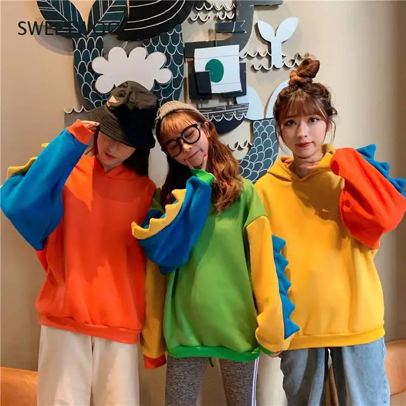 2021 Women's Clothing Kawaii Hooded Sweater Female Cute Irregular Colorblock Hooded Dinosaur Sweater Winter Tri-Color 2021 kids sandals dinosaur summer hole shoes rubber children garden shoes new toddlers beach flat slippers