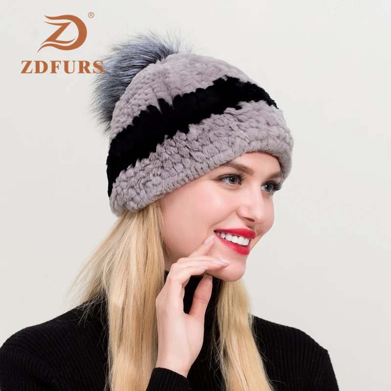 

ZDFURS* Hot Selling Winter Real Rex Rabbit Fur Hat With Fox Fur Pompom Women Winter Elastic Knitted Real Rex Rabbit Fur Hats