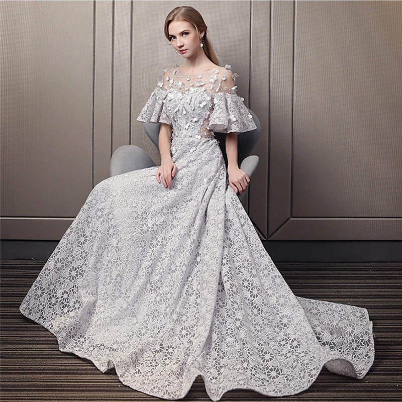 It's Yiiya Lace Evening Dresses O-Neck Short Sleeve Appliques Evening Dresses Long A-Line Plus Size Robe De Soiree K357