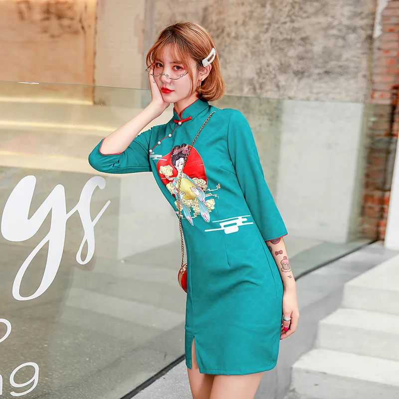 Винтажное платье с принтом Cheongsam yound girl party qipao - Цвет: Синий