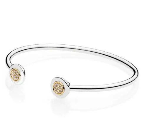 925 пробы серебряный браслет золотого цвета с кристаллами Открытый браслет подходит для женщин бусины Шарм Diy ювелирные изделия