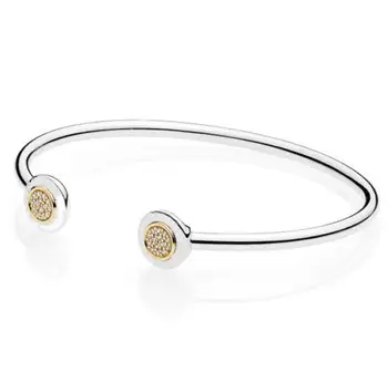 

Original 925 Sterling Silver Bangle Gold Color Signature With Crystal Open Bracelet Fit Women Bead Charm Diy Fashion Jewelry