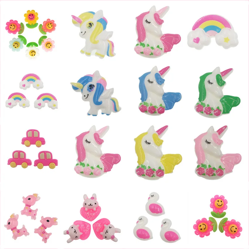 100 шт. Kawaii Мультфильм Единорог лебедь цветок украшения ремесла Flatback Смола