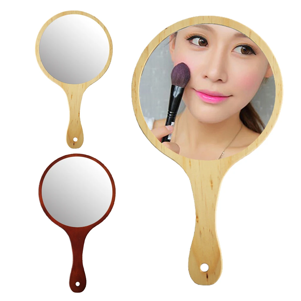 Durable Wooden Handle Portable Round Cosmetic Mirror Handmade Hand Held