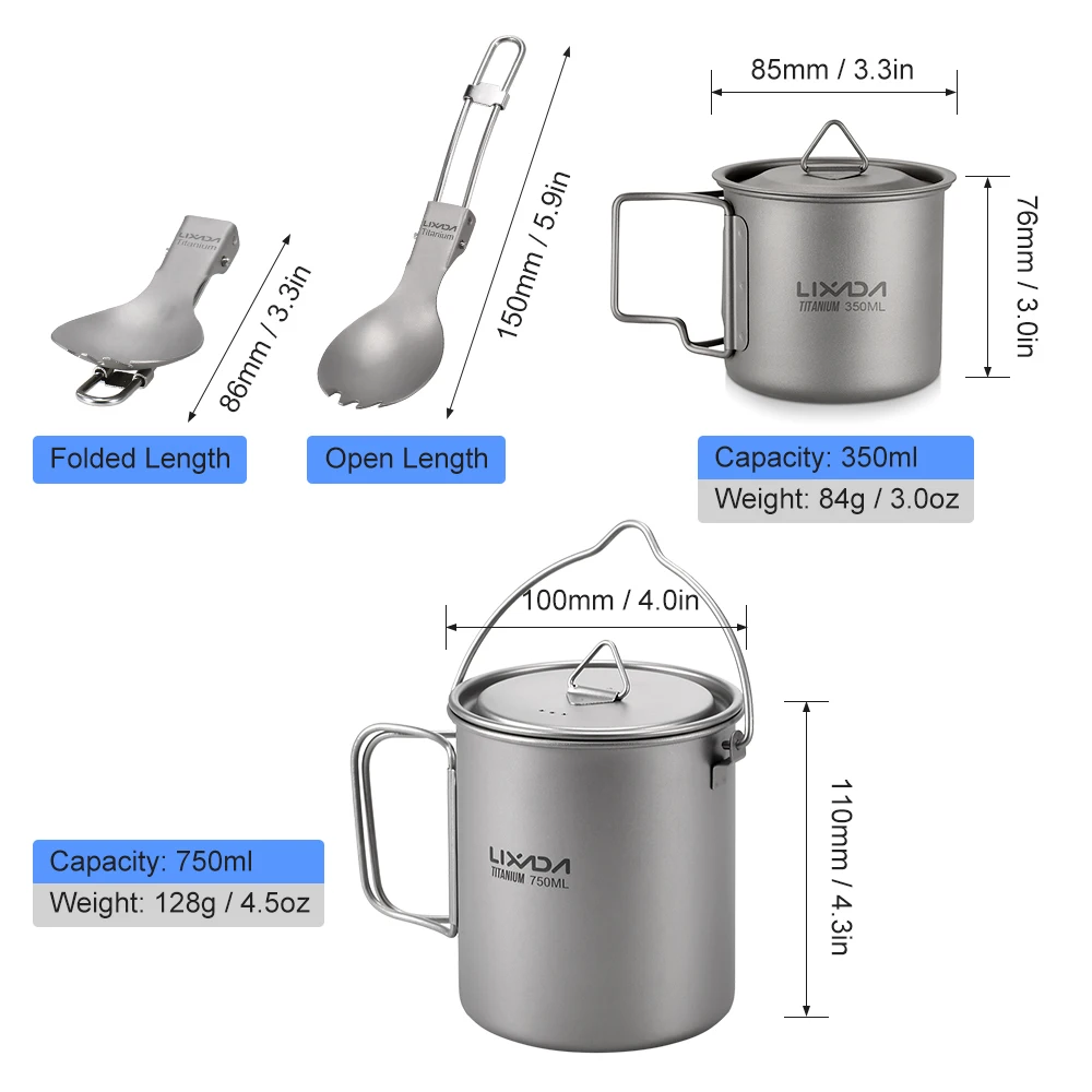 LIXADAチタン３点セット750/420/Wカップ/スプーン Lixada 3 Pieces Titanium 750ml Pot Camping Tableware 420ml