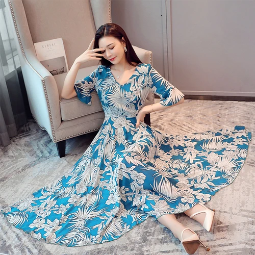 

Spring Fashion Printed Chiffon Women Dress 2019 New Style Summer V-neck Short Sleeve Beach Female Elegant Temperament Dresses