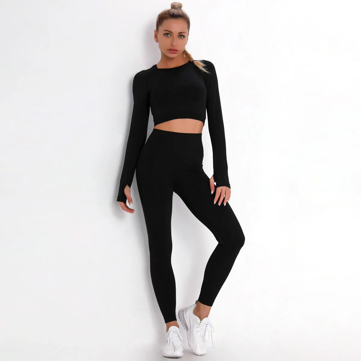 2/3/5PCS Women Sportswear Yoga Set Gym Clothing Tracksuit Long Sleeve Crop Top High Waist Seamless Leggings Fitness Sports Suits