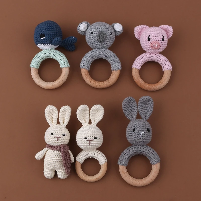 Baby Toys Baby Rattle Toys BPA Free Baby Wooden Teether Crochet Cartoon Baby Rattle Toys Wooden Ring Rodent Toys Mobile Gym Kids Newborn Educational