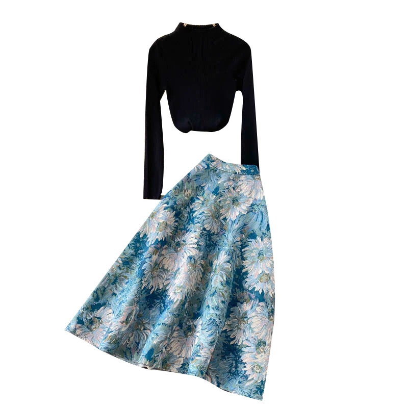 

High-Quality Autumn And Winter New Women's Suit Skirt Black Knit Sweater Top + Retro Jacquard Skirt Two-piece Suit
