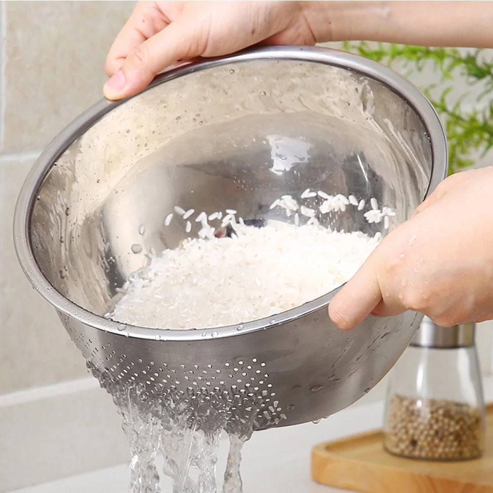Large Capacity With Side Drainer Stainless Steel Durable Bottom Slope Practical Fruit Vegetables Rice Sieve Washing Bowl