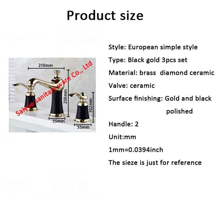 Fashion 3 pcs black gold " three hole expanded glass faucet bathroom badkamer fregadero mixer kraan robot
