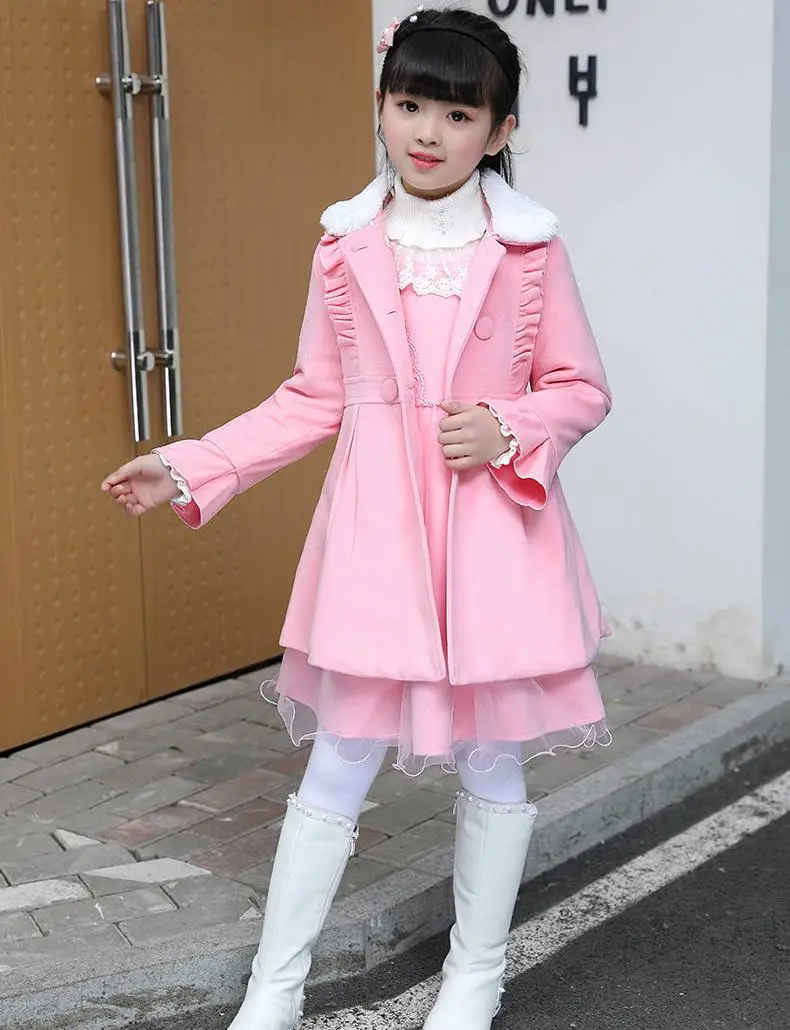 Spring Autumn New Children Girl Warm Wool Coat+ Vest Dress Sets Kids Girls Faux Fur Collar Wool Blends Coats Clothing W264