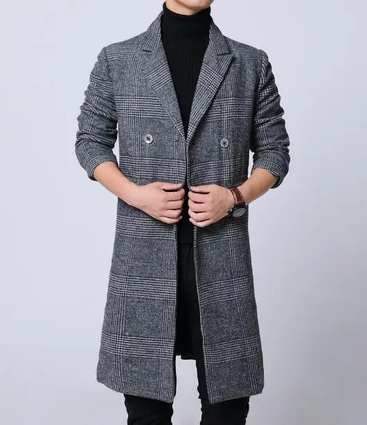 Dark gray Мужское длинное пальто с двойной грудью и полной подкладкой, M-6XL с длинным рукавом, Прямая поставка, зимнее шерстяное пальто Melton в клетку серого цвета - Цвет: Dark gray
