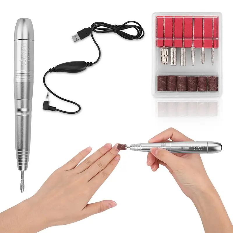 

Pro Electric Nail Drill File Machine Manicure USB Adjustabel Speed With 6 Grinding Heads + 6 Drill Bits