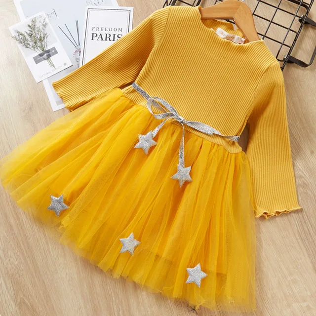 yellow AZ1490 Bear leader/платье для девочек г. Зимнее платье с геометрическим узором одежда с длинными рукавами для девочек топ, пальто+ платье-пачка, свитер вязаная одежда, 2 шт - Цвет: yellow AZ1490