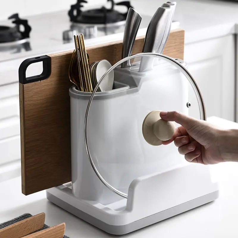 Multipurpose Kitchen Countertop Storage Rack Plastic Knife Stand Draining Cutlery Organizer Chopping Board Holder Pot Lid