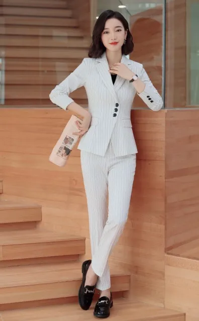 White coat and pants Бизнес интервью женские модные полосатые брюки костюмы темперамент формальный длинный рукав Блейзер и брюки Офисная Женская рабочая одежда - Цвет: White coat and pants