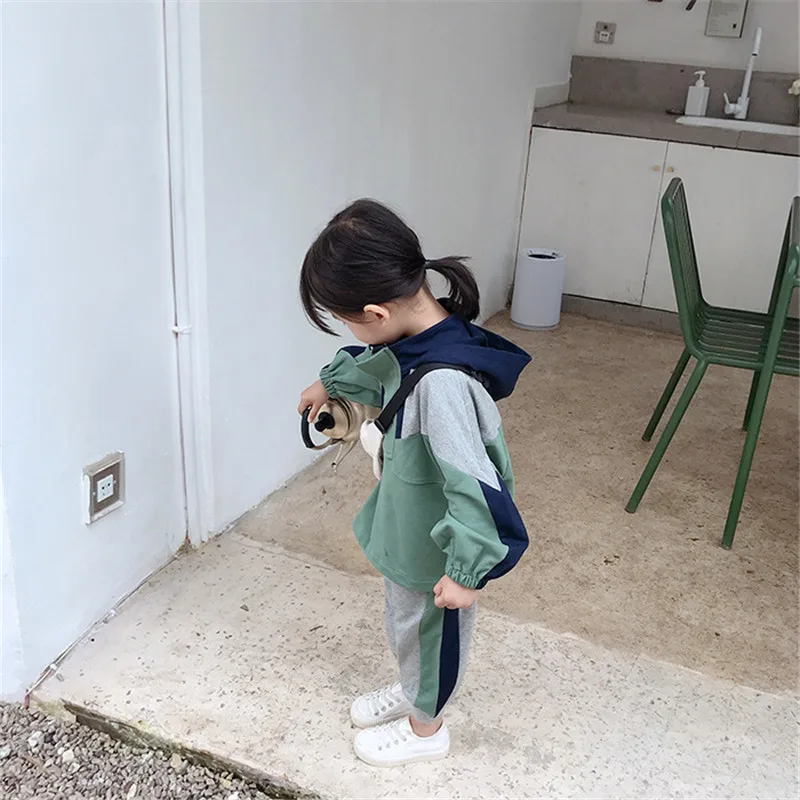 Kids boys color blocking sports sets for kids cute girls patchwork hoodies+ sports pants 2pcs sets kids clothing sets