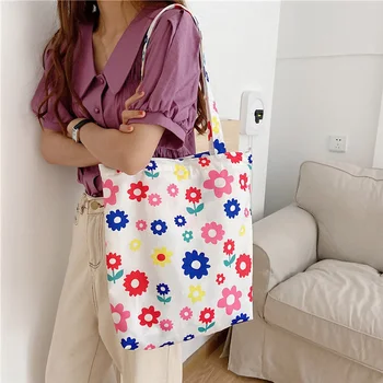 

2020 Ins Women Canvas Shoulder Bag Cotton Fabric Zipper Tote for Girls Colorful Flowers Pattern Ladies' Eco Cloth Shopping Bag