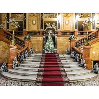 

Christmas Party Photography Backdrops Luxurious European Palace Castle Stair Red Carpet Interior Photo Background Studio Props