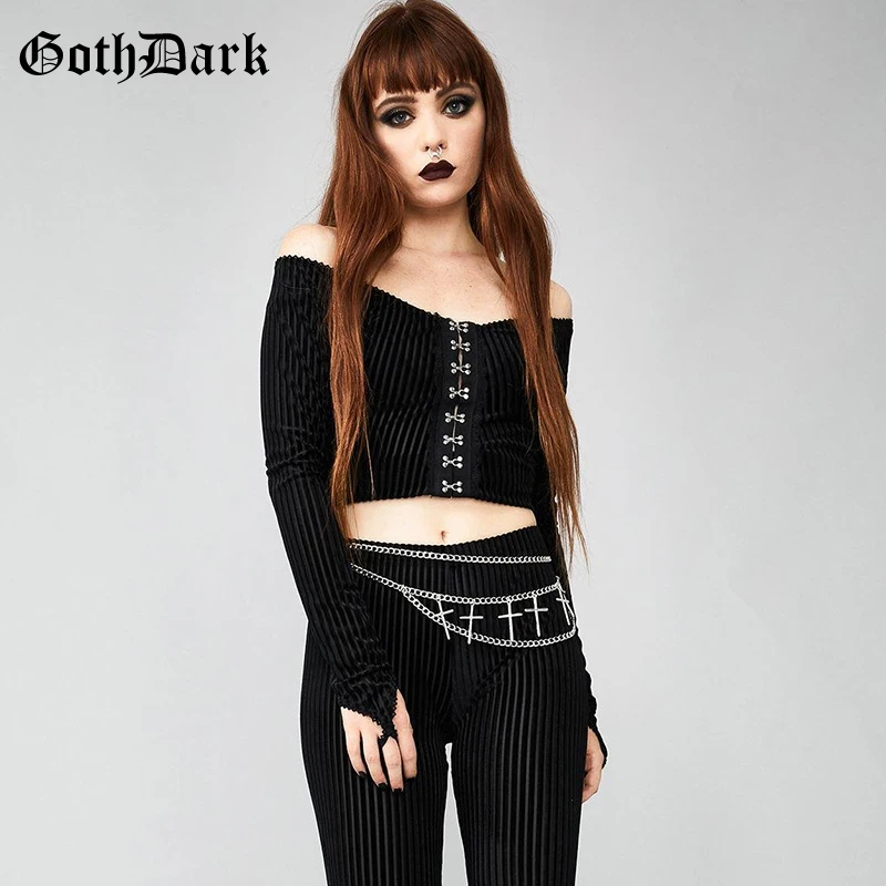 Готическая темная винтажная Готическая Egirl панк хип-хоп Женская Футболка Harajuku с открытыми плечами Эстетическая футболка с длинными рукавами на пуговицах Весна
