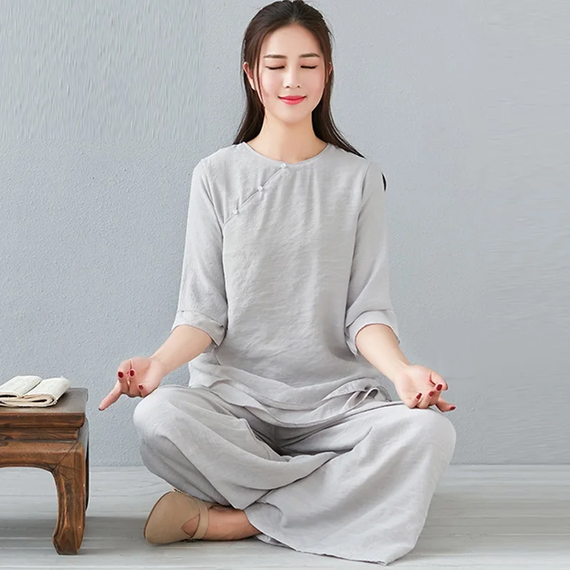

Women Chinese Style Yoga Suit Summer New Tai Chi Uniform Gray Solid Two Piece Suit Female Cotton Shirt&Pants Loose Hanfu Suit
