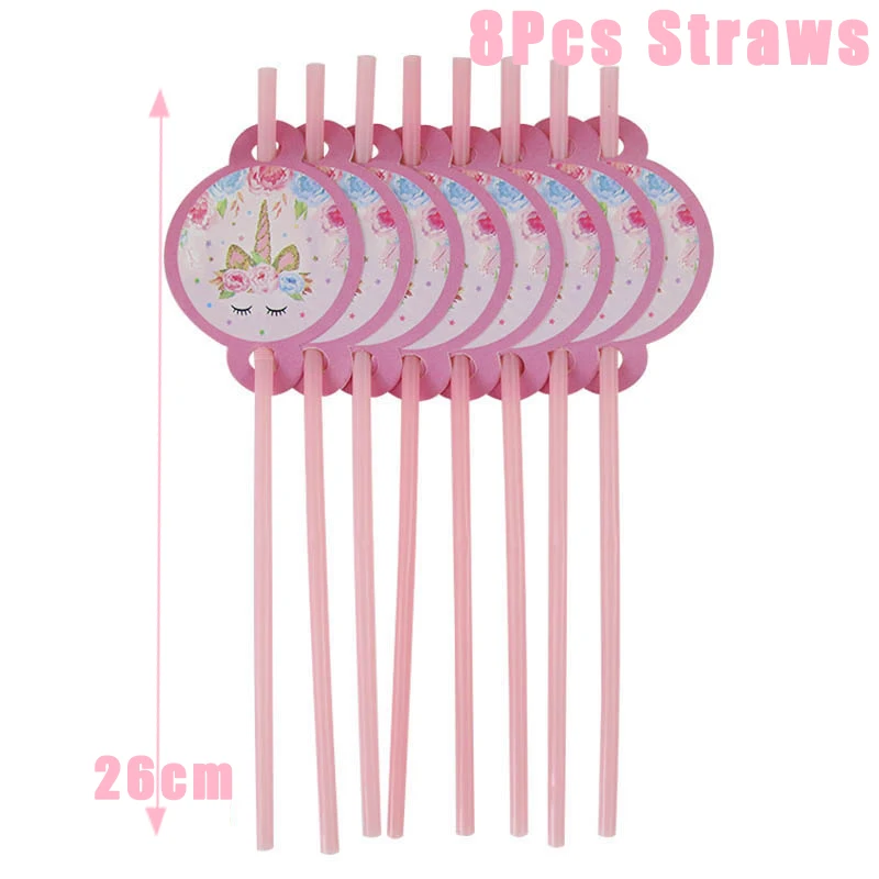 8pcs straws Девичьи вечерние принадлежности в виде единорога, бумажная тарелка в виде единорога, чашка для дня рождения, декорации вечеринок, для детей, угощение гостей, закуски, торты, продукты для детского душа - Цвет: 8pcs straws
