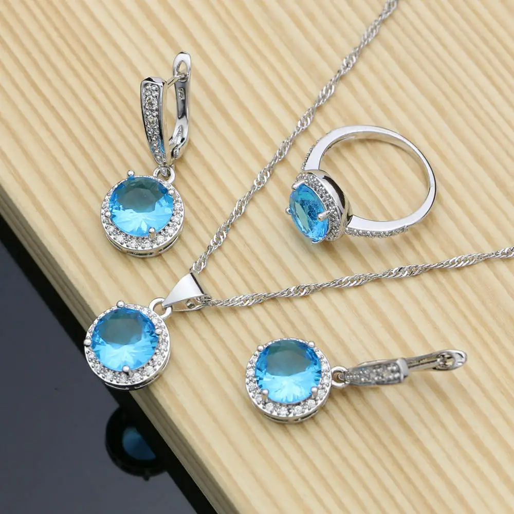 3 PCS Faishon Sky украшения с синим кристаллом наборы 925 Серебряные украшения для женщин серьги наборы вечерние подарок для нее дропшиппинг - Окраска металла: 3 PCS