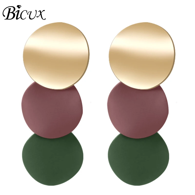 BICUX New Korean Statement Long Drop Earrings for Women Female Fashion Geometry Jewelry Vintage Round Metal Hanging Earring