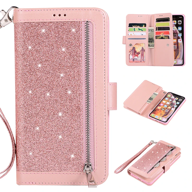 

Zipper Glitter Leather Case For Samsung S10 S9 S8 A70 A50 A40 A30 A20 Core A6 A8 2018 A750 M30 Magnetic Wallet Case With Strap