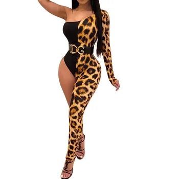 

Leopard Print Patchwork Women One Leg Jumpsuit Sexy One Shoulder Long Sleeve Skinny Romper Night Club Overalls Bodysuits Tie Dye