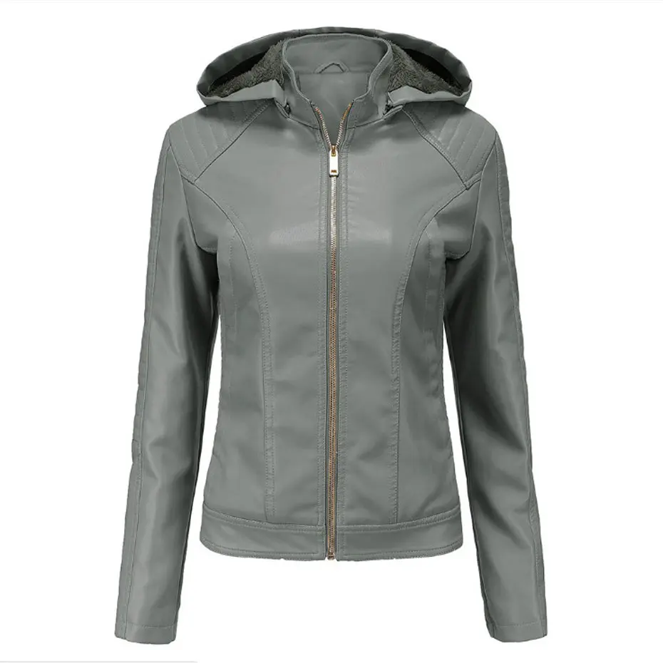 grey 3XL размера плюс толстовка теплая флисовая кожаная куртка Женское пальто Moto jaquetas couro veste cuir femme chaqueta piel mujer - Цвет: grey