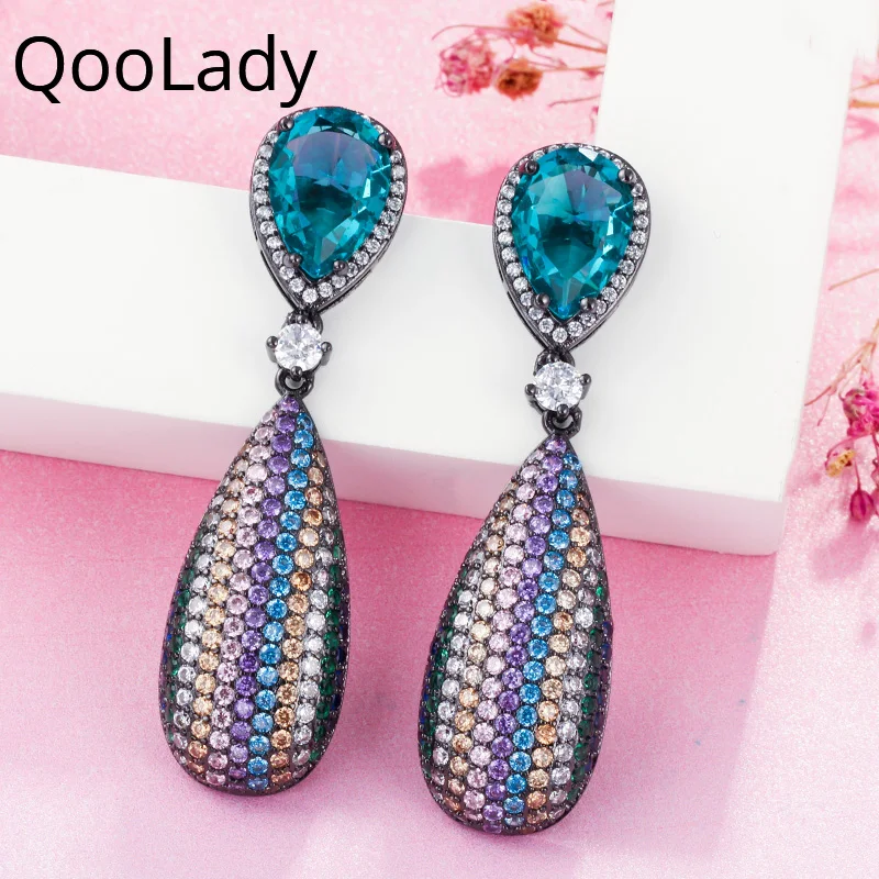 

QooLady Rainbow Blue Cubic Zirconia Stone Big Vintage Long Black Gold Dangle Dorp Earrings for Women Jewelry Accessories E018
