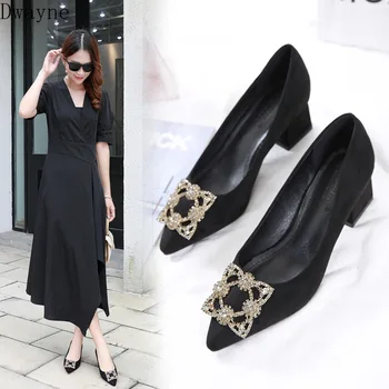 

Fashion Sexy Nightclub Was Thin Square Heel High Heels 6 Cm Wedding Shoes Pointed Toe Rhinestone Buckle Single Shoes Party Pumps