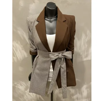 

SONDR 2020 New Women Blazer Patchwork Irregular Plaid Women Blazers Jackets Plus Size Asymmetry Bandage Plaid Suit Blazer