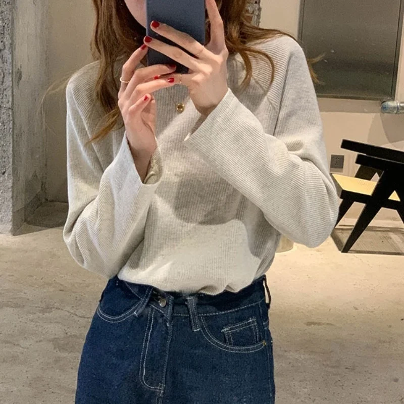 Женская зимняя футболка с длинным рукавом в Корейском стиле свободная