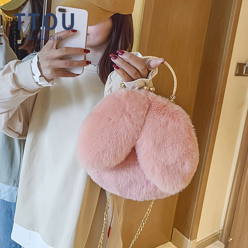 Kawaii Women Round Bag Faxu Fur Rabbit Ears Plush Women's Circular Crossbody Shoulder Bags Ladies Purse Female Chain Bag Handbag
