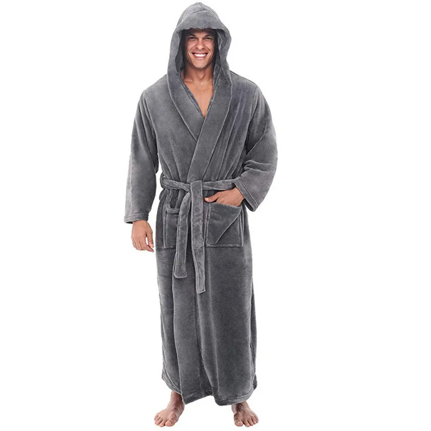 Мужские зимние теплые халаты толстые удлиненные плюшевые шаль халат кимоно Домашняя одежда с длинными рукавами пеньюар мужской - Цвет: Gray