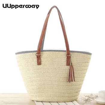 

Casual Women Straw Bag Summer Travel Tote Bags Large Capacity Striped Handbag Tassel Handmade Woven Rattan Bags Beach Bohemian