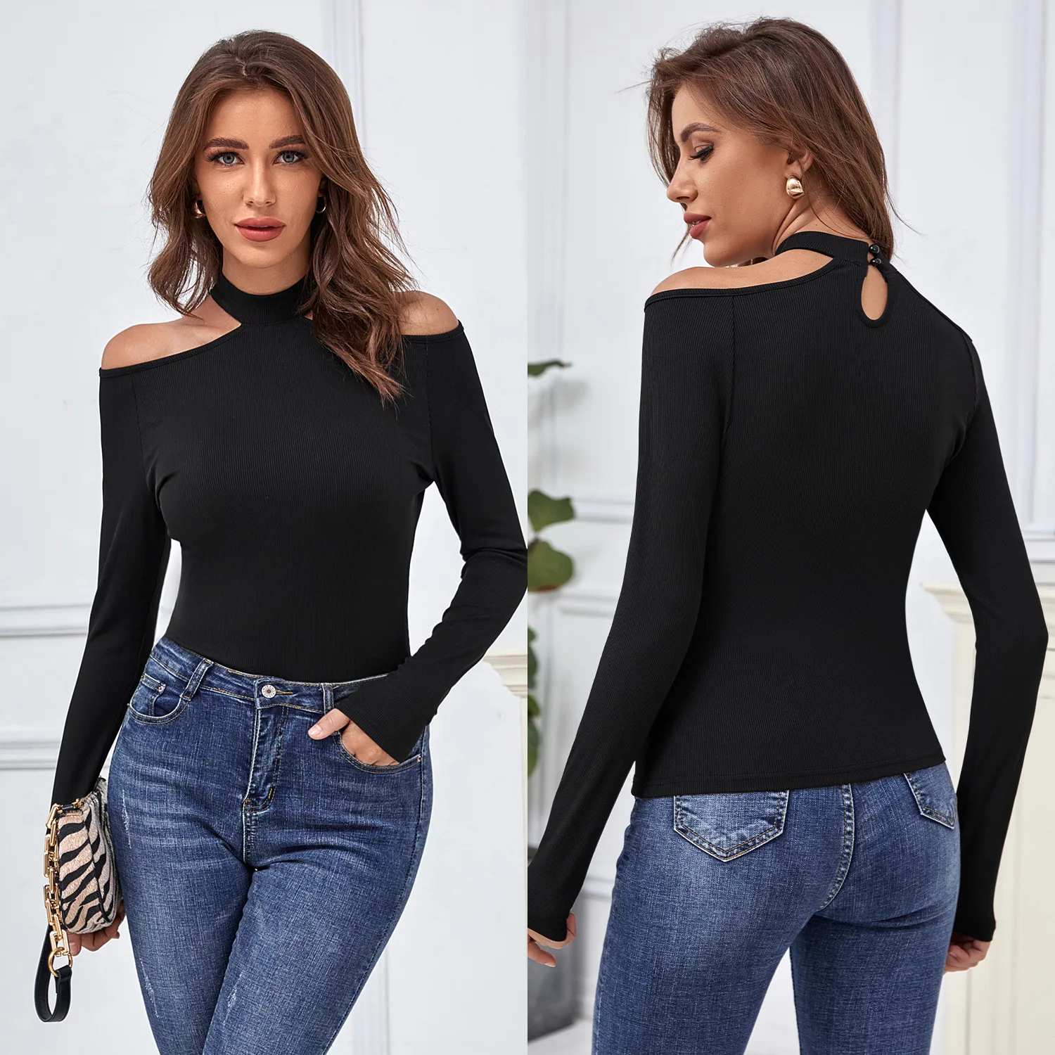 

Sexy Sloping Shoulder Black Off-The-Shoulder Top 2021 Spring Leaking Clavicle Bottoming Shirt Women Long-Sleeved T-Shirt