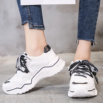 

White Women Sneakers Flat Summer Height Increasing Platform Casual Shoes Women Breathable Mesh Lace Up Chunky Vulcanize Shoes