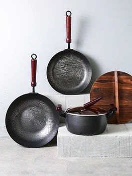 

Hand forged iron household Chinese wok uncoated electromagnetic gas stove frying saute pan skillet wooden lid non-stick pot set