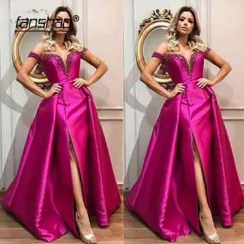 

Fuchsia Evening Dress Off the Shoulder Slit Detachable Train Robe De Soiree Dubai Saudi Arabic Evening Gown Prom Dress vestidos