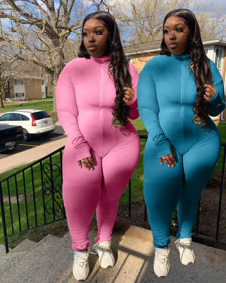 ADFVAT Plus Size Rompers Womens Jumpsuits Stand Collar Zipper Front Bodycon Playsuit Long Sleeves One Piece Bodysuits XM-LT6016 | Женская