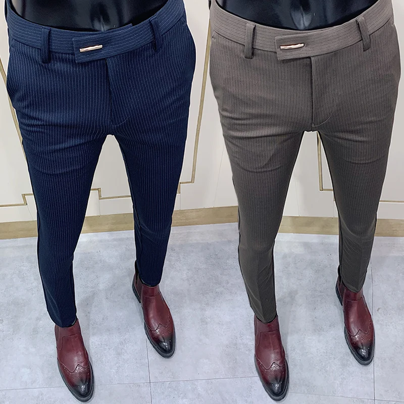 Men Fashion Striped Suit Pant Elegant Slim Fit Social Trousers Pants High Quality Business Office Party Dress Ankle | Мужская одежда