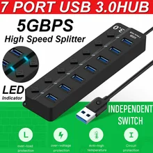 Rápido 5gbps multi usb hub 7 portas 3.0 led splitter cabo de extensão externa preto
